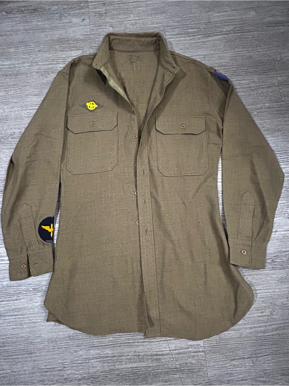 VTG WWII US Army Air Forces Wool Flannel Shirt 16-33 Phila QM Depot Patches OG